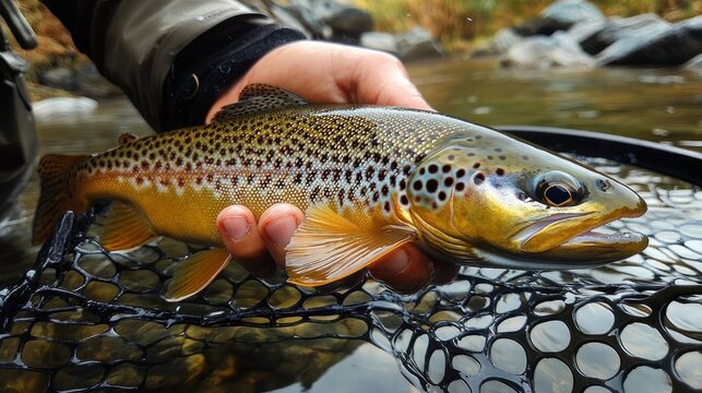 angler gently cradling a colorful spotted brown trout over a mesh landing net in a shallow rocky stream, proud careful catch