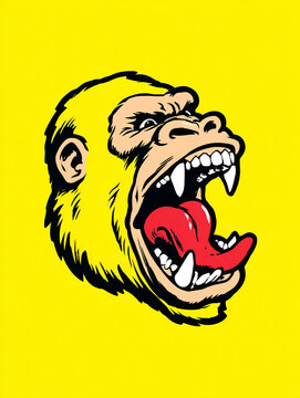 An angry yellow gorilla head logo featuring a screaming open mouth, sharp red fangs, bold black outlines, and a vibrant cartoon pop art style isolated on a plain background.