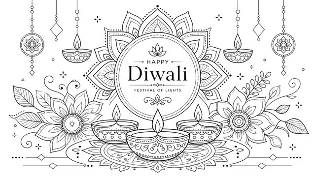 Detailed black and white line art illustration for Happy Diwali, featuring traditional diyas, intricate mandala patterns, and decorative floral elements, perfect for a coloring page.