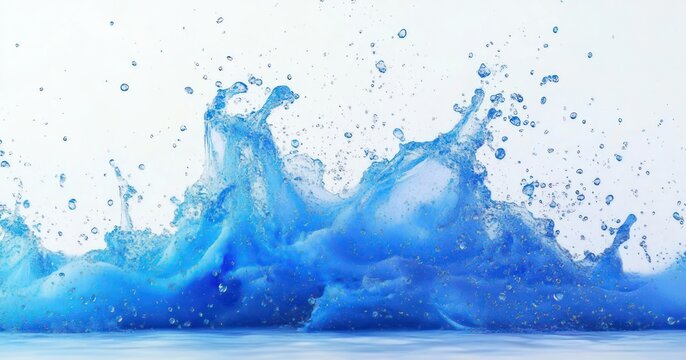 vibrant blue liquid splash with airborne droplets over reflective surface, dynamic energetic motion conveying freshness and movement