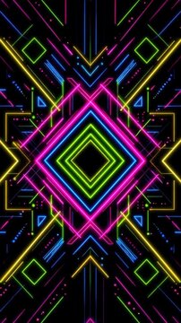 Vibrant neon geometric pattern with glowing colorful lines and shapes on black background for digital design