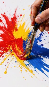 Close up of hand painting colorful red yellow and blue splashes with paintbrush on white paper