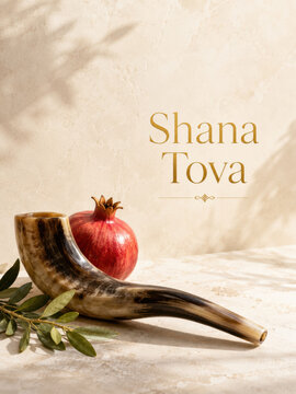Shana Tova Rosh Hashanah greeting card with a red apple, traditional shofar and olive branch arranged on a warm textured background with generous copy space