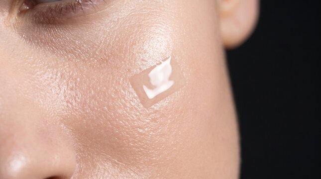 Clear hydrocolloid acne patch on female cheek skin, transparent pimple spot treatment for blemish care, medical facial sticker for skincare routine