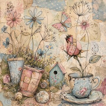 Whimsical Garden with Potted Flowers and Birdhouse