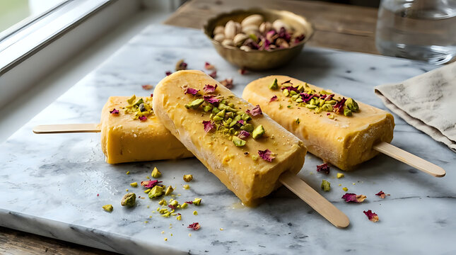 Traditional indian kulfi ice cream popsicles topped with chopped pistachios and dried rose petals popsicle pistachio traditional refreshing