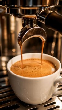 Close up of fresh espresso pouring into white cup from professional coffee machine with creamy foam