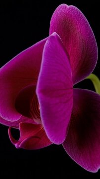 Close up of vibrant purple orchid flower with detailed petals and intricate patterns on a black background