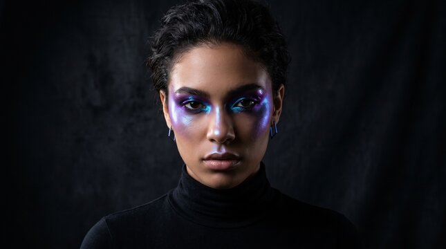 Dramatic editorial beauty portrait of woman with holographic purple eyeshadow, artistic makeup on dark background, cinematic fashion lighting