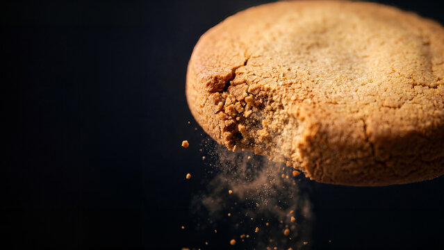 Close-up of a crunchy cookie with a bite mark and falling crumbs