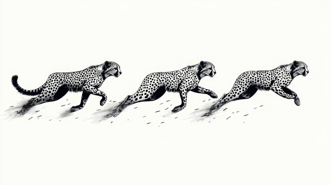 Three running cheetahs in a monochrome ink sketch, leaving footprints in sand and conveying speed, motion, and graceful energy