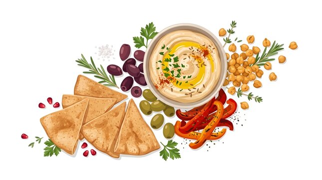 An overhead vector illustration of a Mediterranean platter featuring a bowl of creamy hummus topped with olive oil and spices