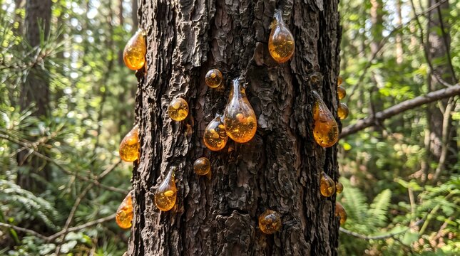 Tree sap droplets hardened into warm amber beads Background