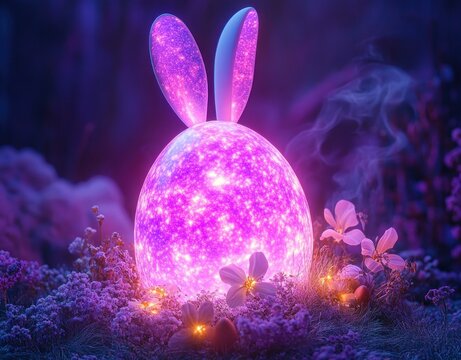 glowing purple egg with rabbit ears nestled among wildflowers in a dreamy enchanted meadow, whimsical and serene