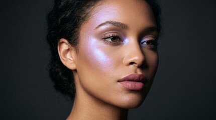 Fototapeta premium Iridescent holographic makeup on beautiful woman, glowing purple highlighter and eyeshadow beauty portrait, ethereal aesthetic for skincare ads