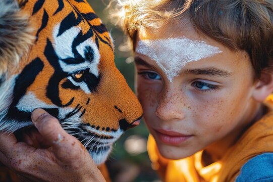 Close-up of a tiger face and stripes nuzzling a child's blurred profile as a freckled hand gently holds its chin, warm calm affectionate moment