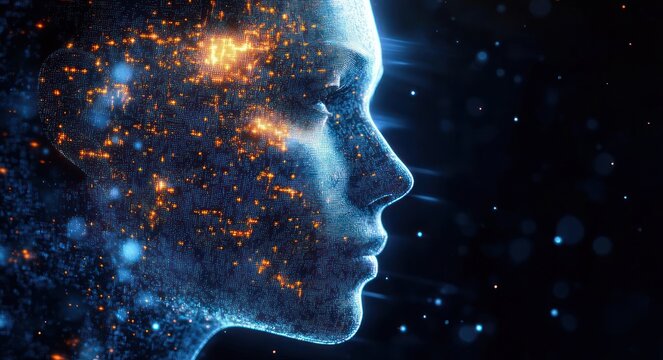 glowing particle human profile with orange city-like lights and blue bokeh against a dark starry background, partially obscured by a central muted rectangle, evoking futuristic contemplation