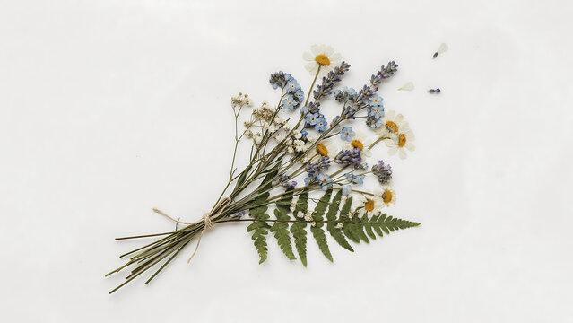 A vintage herbarium bouquet of dried wildflowers and green fern isolated on a transparent background