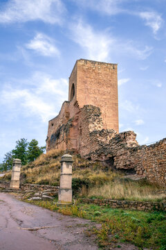 One of the towers of the old medieval wall of Mora de Rubielos, Teruel, Aragon, Spain