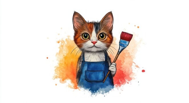 Curious calico kitten in a blue apron holding a paintbrush against bright orange and red watercolor splashes, whimsical and playful expression