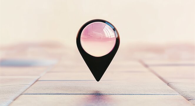 Glossy black location pin with reflective pink glass orb hovering above tiled floor, soft shadow and warm pastel lighting conveying calm futuristic focus