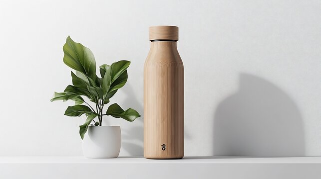 Wooden water bottle and potted plant on white shelf, minimalist aesthetic