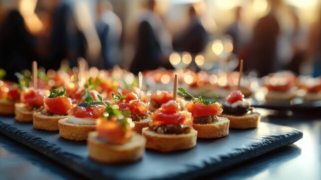 Elegant tray of bite-sized smoked salmon canap&eacute;s on toasted rounds with herbs and toothpicks, warm festive party atmosphere