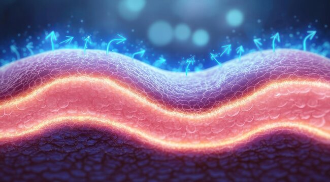 glowing microscopic cross-section of wavy skin layers with textured cells and blue arrows indicating moisture vapor escape, evoking scientific curiosity and gentle urgency