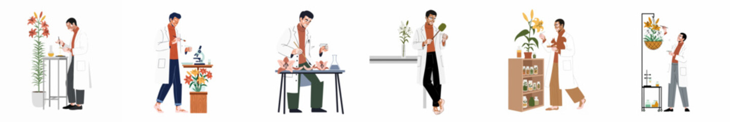 Obraz premium Set of scientists and biologists in lab coats conducting research and experiments on various plants in a laboratory setting.