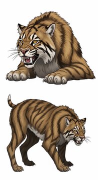 Fierce Saber-toothed Felines: Dynamic Digital Painting of Ancient Predators, Golden Hues