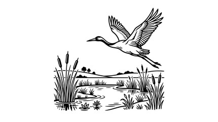 Fototapeta premium Vintage woodcut crane flying over marsh landscape, retro linocut heron bird in wetland, black and white nature vector illustration