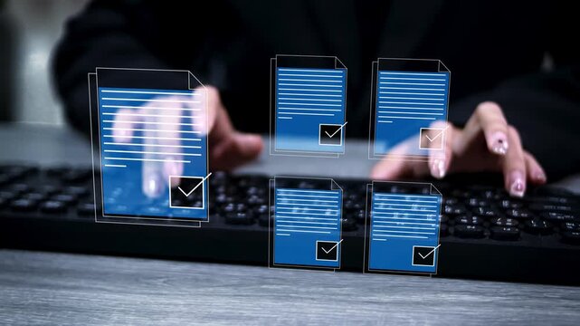 Digital applicant screening and recruitment concept showing a professional reviewing an online checklist, representing document verification, hiring, evaluation, human resources, talent management.