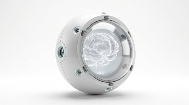 Futuristic brain-inspired transparent device with metallic accen