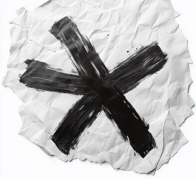 crumpled torn white paper with bold black crossed brush strokes and paint splatters conveying defiance and raw rejection