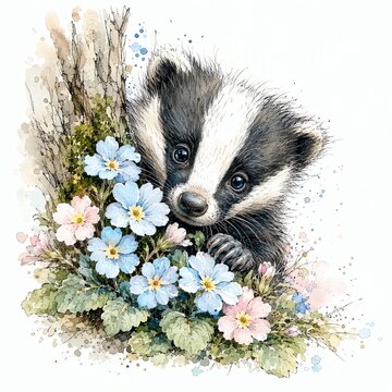 Baby Badger Peeking Around Blossoming Branch