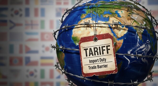 Globe ensnared: Barbed wire cages Earth, a "Tariff" tag a stark symbol of trade barriers. Background flags whisper global discord.