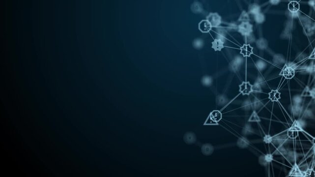 Glowing blue warning exclamation icons connected in network plexus floating with copy space on dark background for cybersecurity threat monitoring concept.