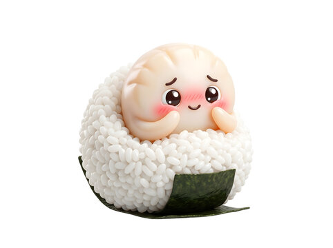3D Illustration of a Cute Shy Scallop Sushi Character Peeking from a Rice Ball with Seaweed Wrap on Transparent Background