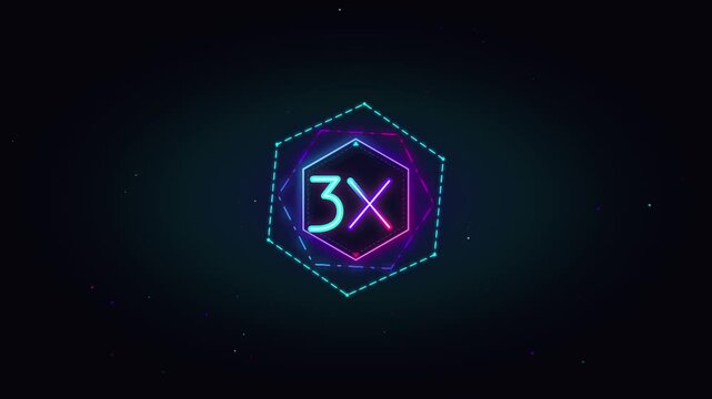 Glowing 3x video neon hexagon elements pulsing on dark background