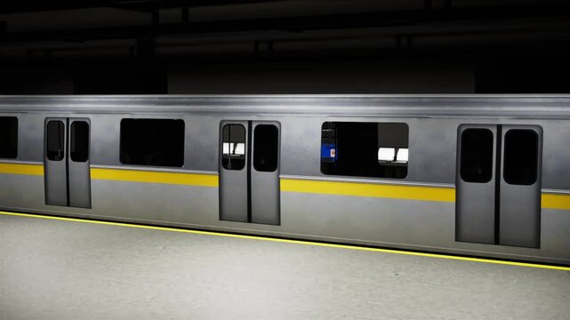 Subway train arriving to empty metro station. Empty train in subway station.