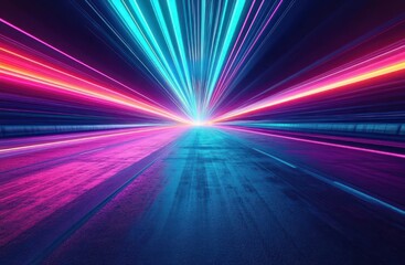 Fototapeta premium Empty neon-lit highway corridor with converging blue and pink light streaks and a radiant vanishing point over reflective wet asphalt, futuristic and exhilarating mood