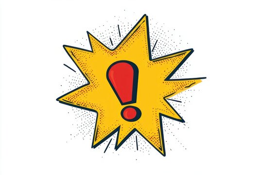 red exclamation mark centered in a bright yellow comic starburst with dotted halftone and black accent lines on a white background, conveying urgent surprise and attention