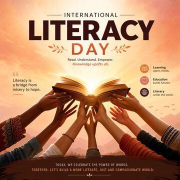 Hands holding open books for international literacy day