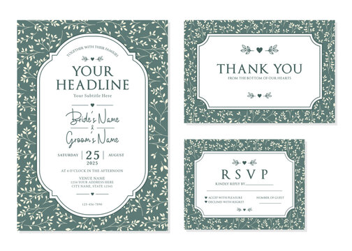 Sage Green Botanical Leaf Wedding Invitation Suite Vector Template
