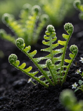 Fresh fern fiddleheads with dewdrops growing in dark soil, spring nature macro