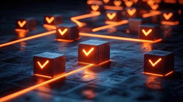glowing orange check-mark cubes connected by illuminated lines on a dark reflective grid, conveying a secure futuristic digital network