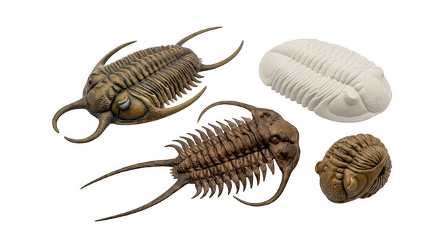 Collection of prehistoric trilobite fossils and replicas showing different species and preserved body structures