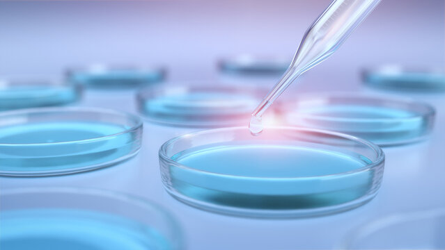 Petri dishes in medical lab with dropper, Chemistry laboratory on bright background, Bioscience science concept, 3D rendering