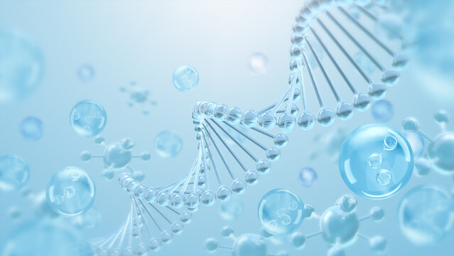 DNA Stem cells with molecules in a clean blue background, cell science and biotechnology concept, 3D rendering