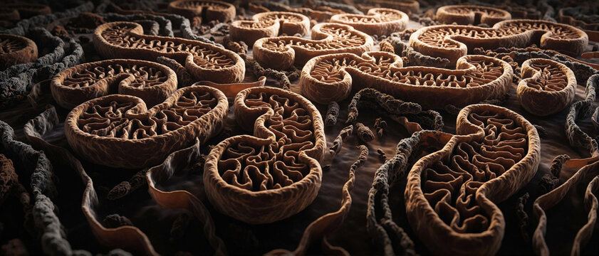 Detailed 3D illustration of biological mitochondria cells with cristae, microscopic energy powerhouses